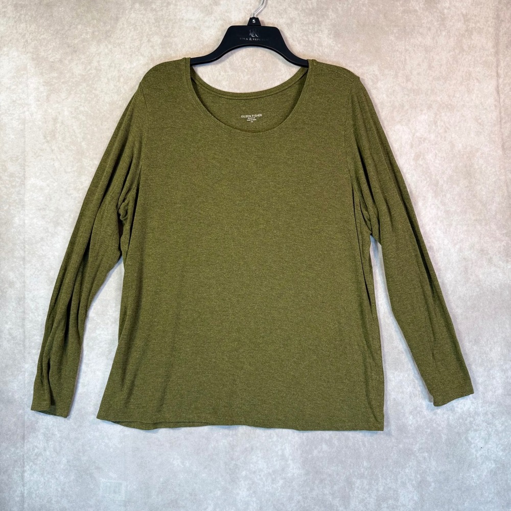 Eileen Fisher Top Women 1X Olive Green Layering Long Sleeve Scoop Neck Viscose